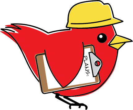Red bird with yellow hardhat holding a clipboard.