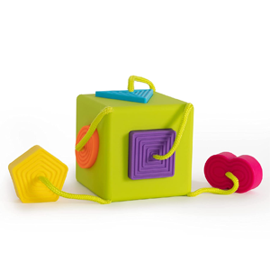 Colorful cube with different shapes attached to strings to match into holes.