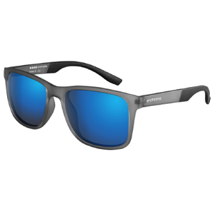 Pair of gray sunglass frames with blue-ish lenses.