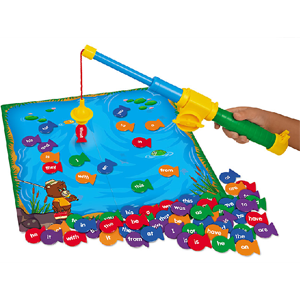 Fishing for Sight Words board game box with child's arm holding a yellow plastic fishing rod.