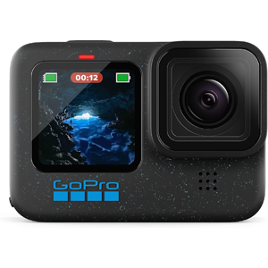 Front of Go Pro camera featuring lens and digital display.