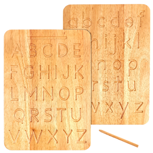 Two wooden tablets with grooved upper and lowercase letters.