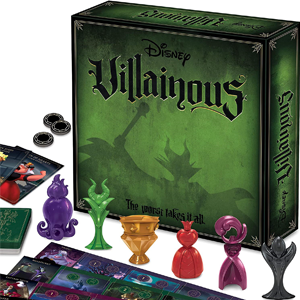 Villainous board game box with various pieces displayed
