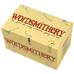 Yellow box for Wordsmithery with red lettering.